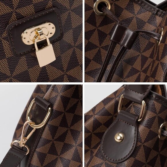 🆕Women Brown Designer Bucket Shoulder Bag Fashion Top-Handle Drawstring Handbag - Picture 5 of 8